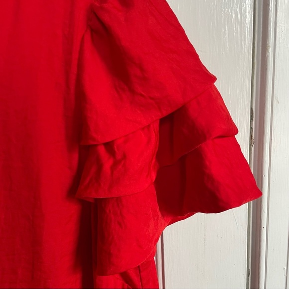 Skies are Blue Red Dress Sheath Mini Flutter Sleeve Small Tomato Red Crinkle - Picture 5 of 9